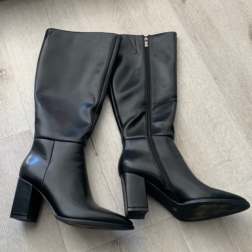 Top walks tall boot faux leather size 8 black classic pointy toe block heels - Picture 7 of 8